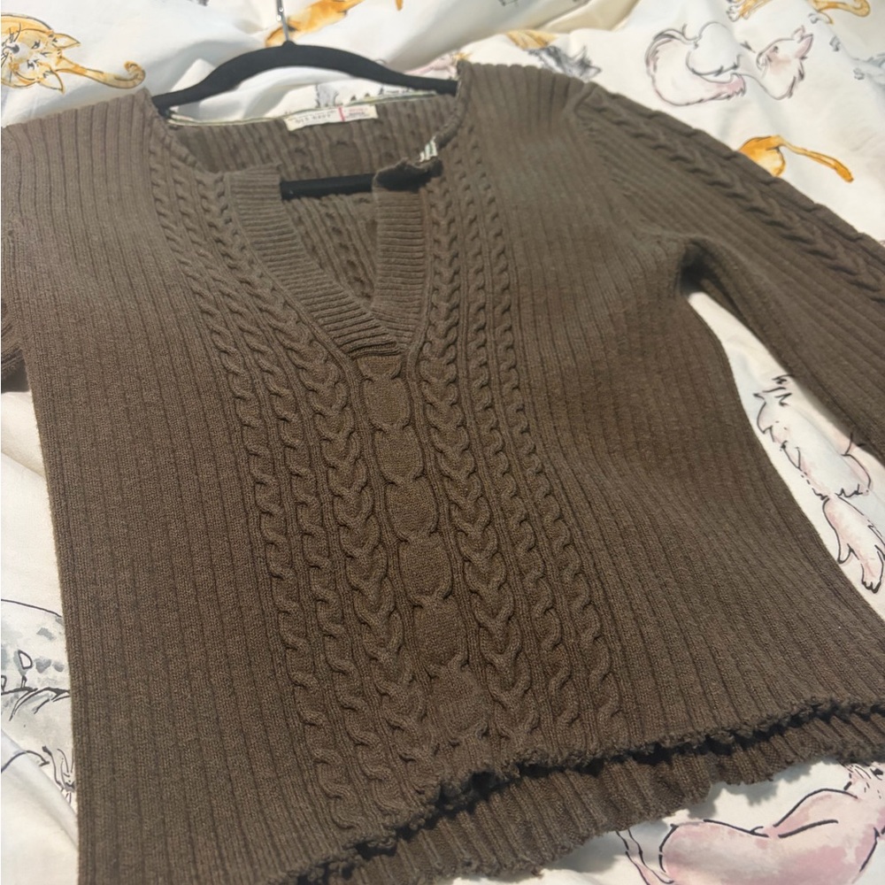 Vintage Old Navy Women's V-Neck Cable Knit Sweater - olive brown